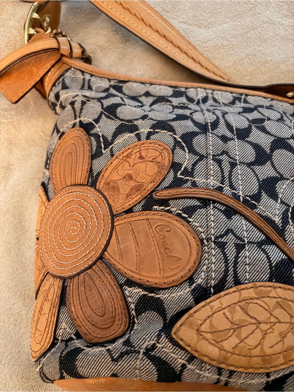 Coach Navy Signature Denim Shoulder Bag with Tan Floral Appliqué